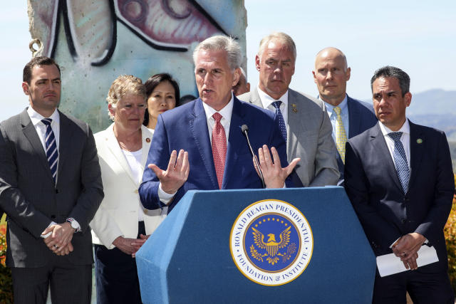 House Speaker Kevin McCarthy, R-Calif., speaks during a bipartisan press conference after meeting with Taiwanese President Tsai Ing-wen at the Ronald Reagan Presidential Library in Simi Valley, Calif., Wednesday, April 5, 2023. (AP Photo/Ringo H.W. Chiu)