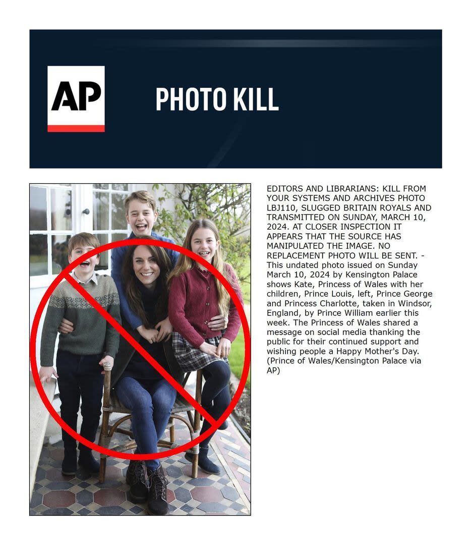 El mensaje de la agencia AP, que ordenó a los medios que eliminen de sus archivos la foto de Kate Middleton y su familia tras haber sido detectada su manipulación