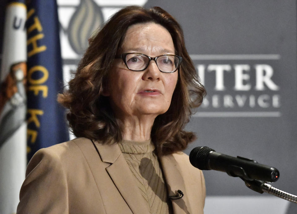 CIA Director Gina Haspel addresses the audience as part of the McConnell Center Distinguished Speaker Series at the University of Louisville, Monday, Sept. 24, 2018, in Louisville, Ky. (AP Photo/Timothy D. Easley)