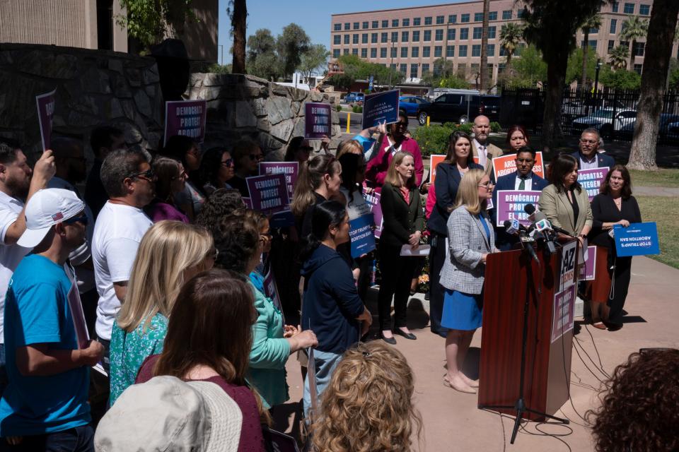 Mayor Kate Gallego speaks during a news conference on the Arizona Supreme Court abortion law ruling at the Arizona State Capitol in Phoenix on April 9, 2024.