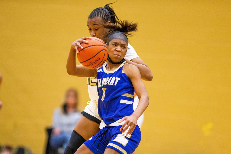 Elkhart's Samiyah Stout (3) dribbles during the Penn vs. Elkhart 4A sectional championship game Tuesday, Feb. 8, 2022 at Penn High School. 