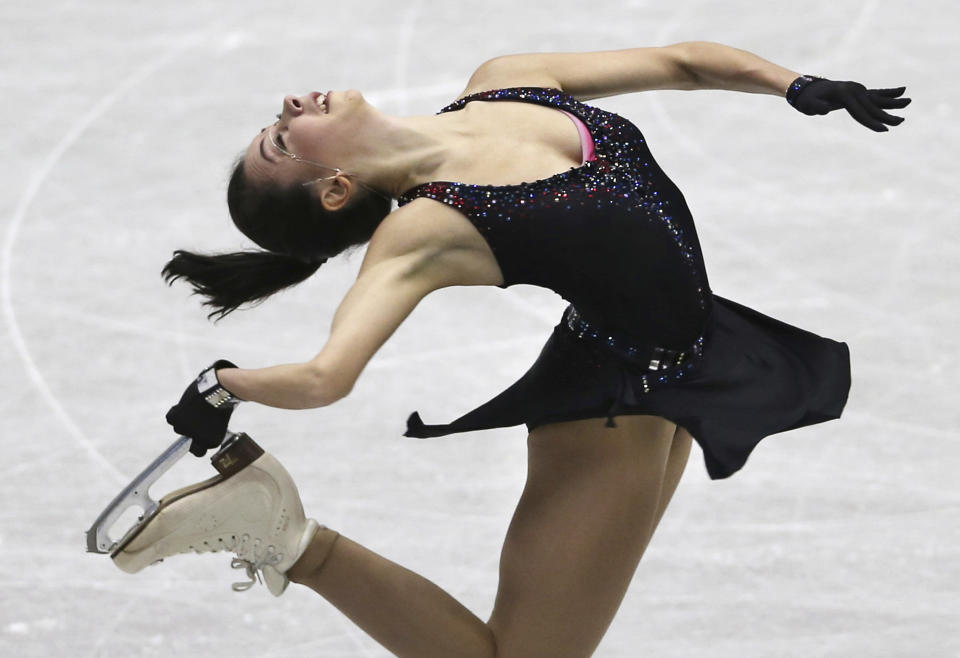 In this Friday, Nov. 9, 2018, file photo, Russia's Elizaveta Tuktamysheva performs during a Ladies short program of the NHK Trophy Figure Skating in Hiroshima, western Japan. (AP Photo/Koji Sasahara, File)