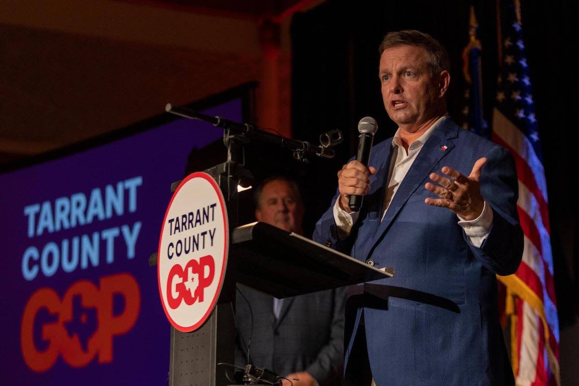 Tim O’Hare speaks at the Tarrant County GOP watch party on Tuesday at the Ashton Depot in Fort Worth. O’Hare leads the race for County Judge against Deborah Peoples.