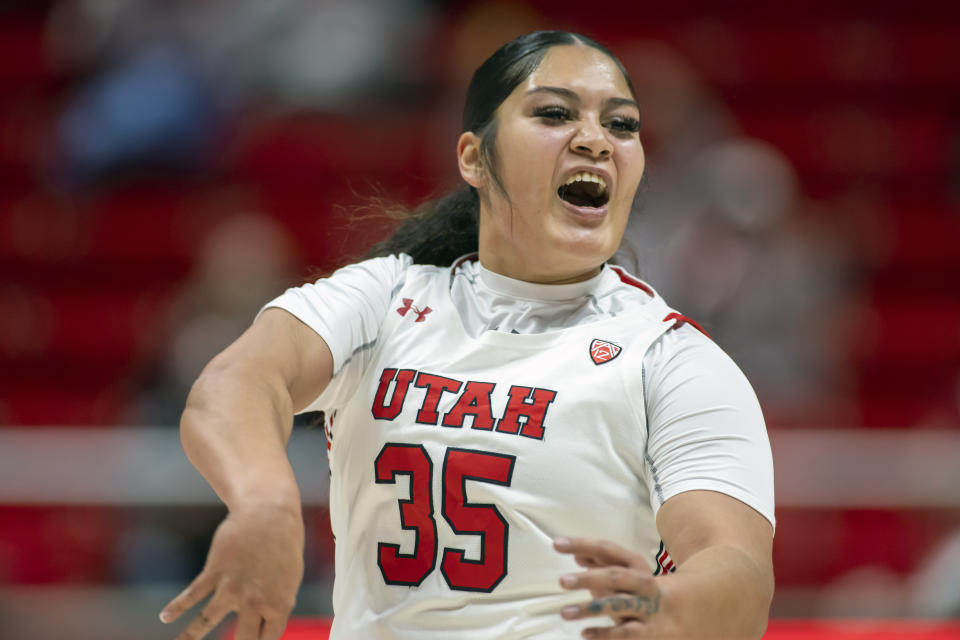 FILE - Utah forward Alissa Pili (35) celebrates a basket during an NCAA basketball game against Oklahoma on Wednesday, Nov. 16, 2022, in Salt Lake City, Utah. Leading scorer Alissa Pili has No. 8 Utah off to a 14-0 start and the program&#39;s highest ranking in school history. (AP Photo/Tyler Tate, File)