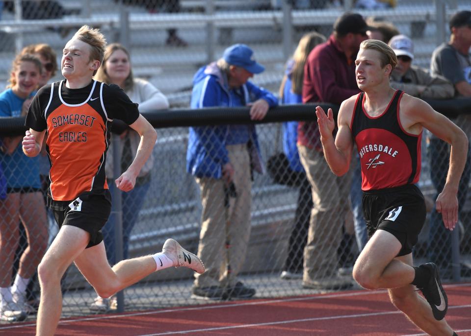 Somerset's Logan Seslow edges out Meyersdale's Levi Hersh in the boys 400 meters at the District 5 Class 2A Track and Field Championships, Wednesday, at Northern Bedford High School.