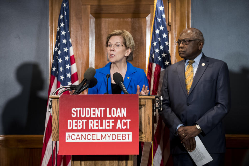 UNITED STATES - JULY 23: Sen. Elizabeth Warren, D-Mass., and House Majority Whip Jim Clyburn, D-S.C., hold a press conference in the Dirksen Senate Office Buidling to introduce the Student Loan Debt Relief Act to cancel student loan debt for millions of Americans on Tuesday, July 23, 2019. (Photo By Bill Clark/CQ Roll Call)