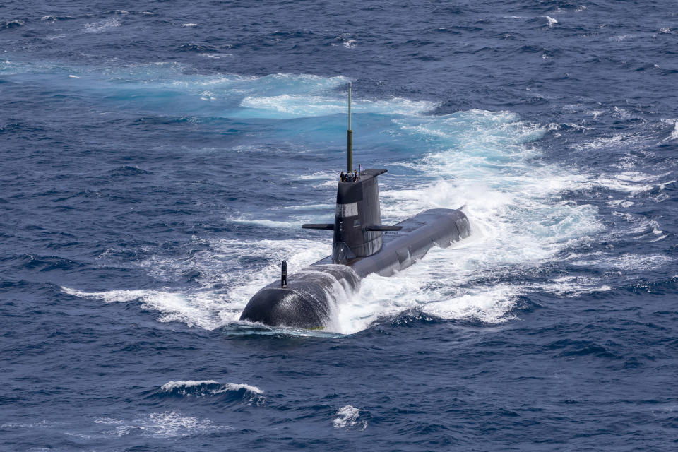 DARWIN, AUSTRALIA - SEPTEMBER 05: In this handout image provided by the Australian Defence Force, Royal Australian Navy submarine HMAS Rankin is seen during AUSINDEX 21, a biennial maritime exercise between the Royal Australian Navy and the Indian Navy on September 5, 2021 in Darwin, Australia. Australia, the United States and the United Kingdom have announced a new strategic defence partnership - known as AUKUS - to build a class of nuclear-propelled submarines and work together in the Indo-Pacific region. The new submarines will replace the Royal Australian Navy's existing Collins submarine fleet. (Photo by POIS Yuri Ramsey/Australian Defence Force via Getty Images)