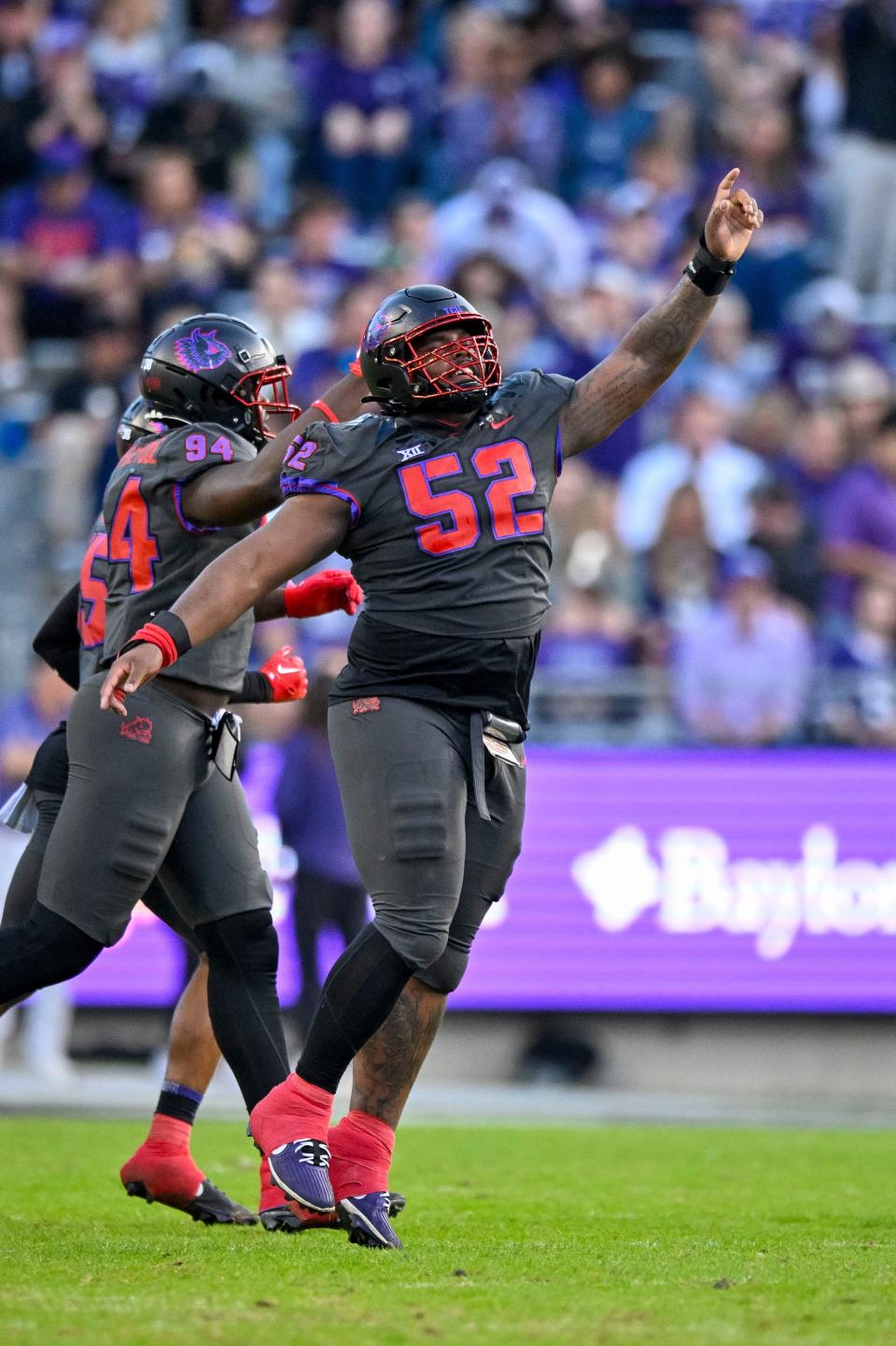 Nov 18, 2023; Fort Worth, Texas, USA; TCU Horned Frogs defensive lineman Damonic Williams (52) in action during the game between the TCU Horned Frogs and the Baylor Bears at Amon G. Carter Stadium. Mandatory Credit: Jerome Miron-USA TODAY Sports