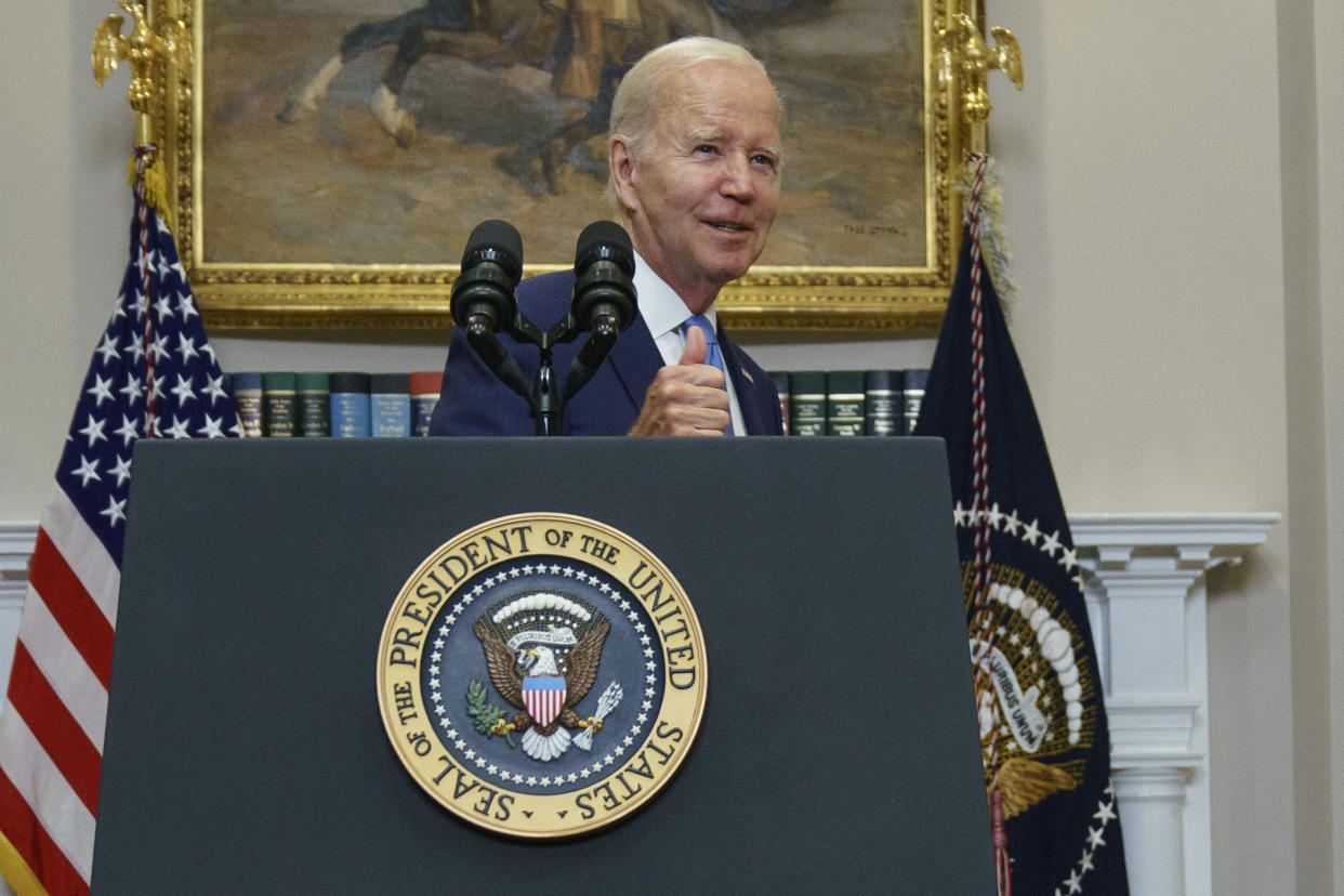 President Joe Biden gives a thumbs up after delivering remarks on the debt ceiling in the Roosevelt Room of the White House, Wednesday, May 17, 2023, in Washington. (AP Photo/Evan Vucci)