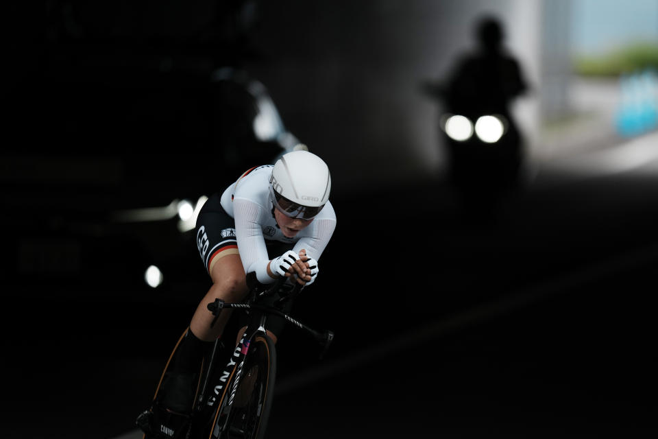 Lisa Klein of Germany during the women's cycling individual time trial at the 2020 Summer Olympics, Wednesday, July 28, 2021, in Oyama, Japan. (AP Photo/Thibault Camus)