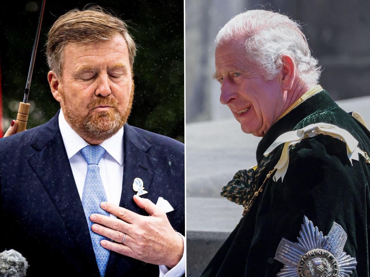 King Willem-Alexander of The Netherlands at the national slavery monument on July 1, 2023 in Amsterdam, Netherlands (L), King Charles III at St Giles' Cathedral in Edinburgh on July 5, 2023 (R).