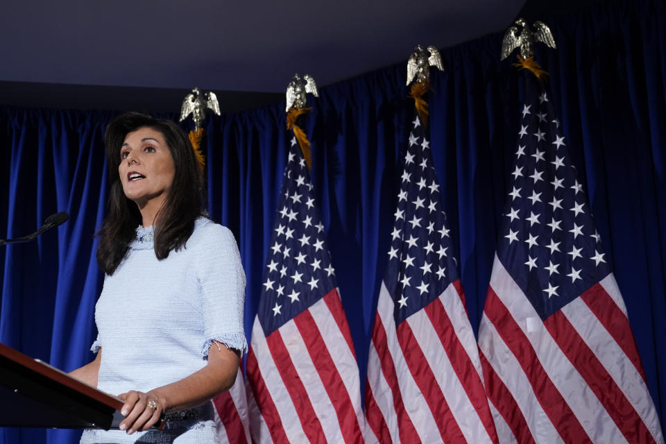 Republican presidential candidate, former ambassador to the United Nations Nikki Haley speaks about her abortion policy, Tuesday, April 25, 2023, in Arlington, Va. (AP Photo/Patrick Semansky)