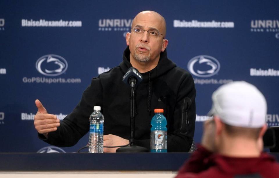 Penn State football coach James Franklin answers a question Tuesday about the new coaches he’s hired during a media availability. Abby Drey/adrey@centredaily.com