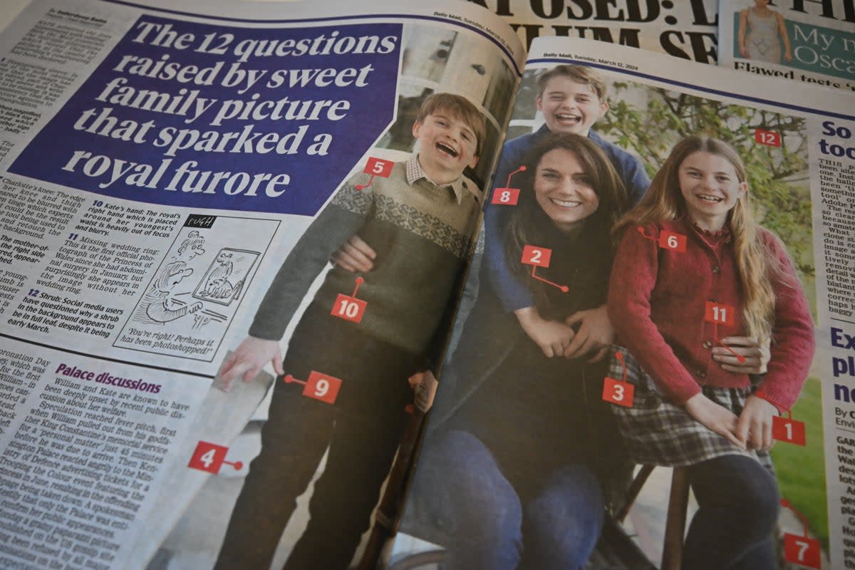 A picture shows stories in Britain's national newspapers, about the altered mother's day photo released by Kensington Palace on March 10 (AFP via Getty Images)