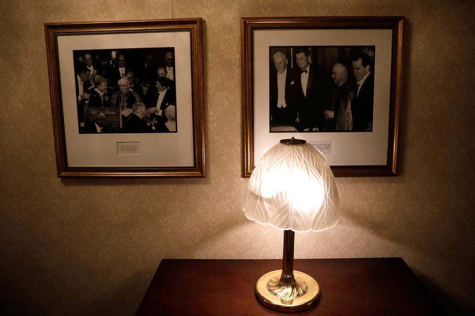 <p>Images of past U.S. presidents Carter, Reagan, Kennedy and Nixon from past events are seen hanging on a hallway wall inside the Waldorf Astoria hotel in New York, Feb. 28, 2017. (Photo: Mike Segar/Reuters) </p>