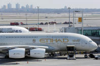 An Etihad plane stands parked at a gate at JFK International Airport in New York, U.S., March 21, 2017. REUTERS/Lucas Jackson