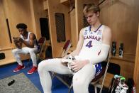 Kansas' Gradey Dick reacts after a second-round college basketball game against Arkansas in the NCAA Tournament Saturday, March 18, 2023, in Des Moines, Iowa. Arkansas won 72-71. (AP Photo/Morry Gash)