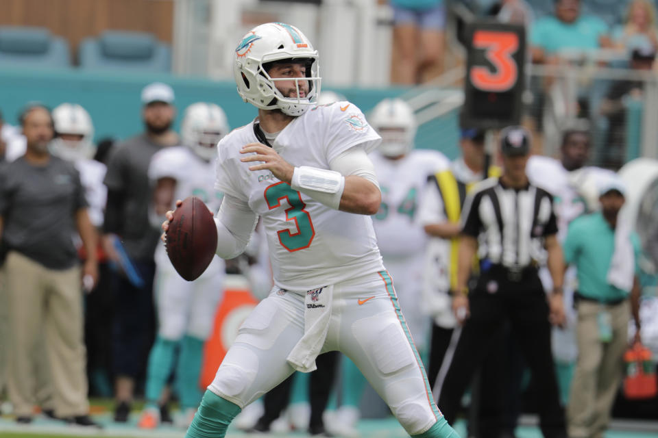 Miami Dolphins quarterback Josh Rosen (3) looks to pass, during the first half at an NFL football game against the Los Angeles Chargers, Sunday, Sept. 29, 2019, in Miami Gardens, Fla. AP Photo/Lynne Sladky)