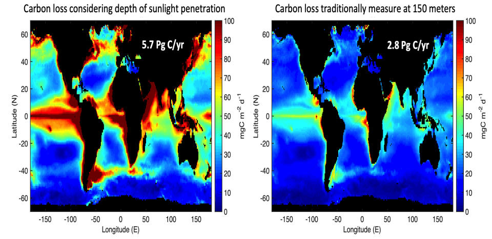 Carbon loss traditional measurement at 150 meters compared to carbon loss measurement considering depth of sunlight penetration