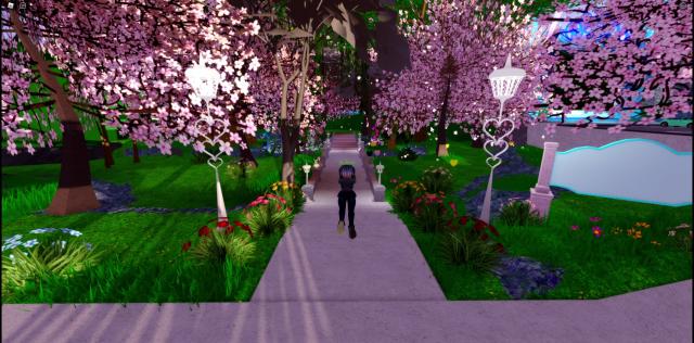 Three roblox players standing in a garden three players