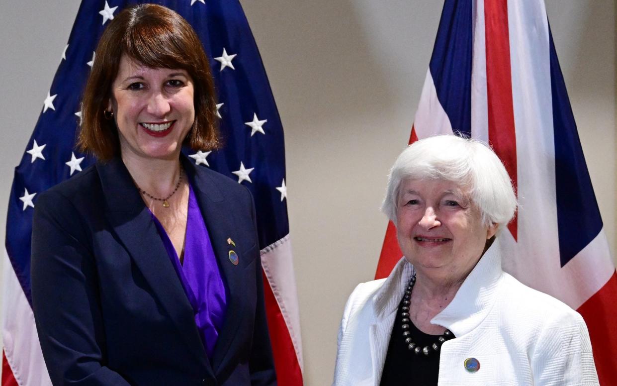 Rachel Reeves, the Chancellor, shakes hands with Janet Yellen, the US Secretary of the Treasury, during bilateral talks in Rio de Janeiro, Brazil, during a G20 summit