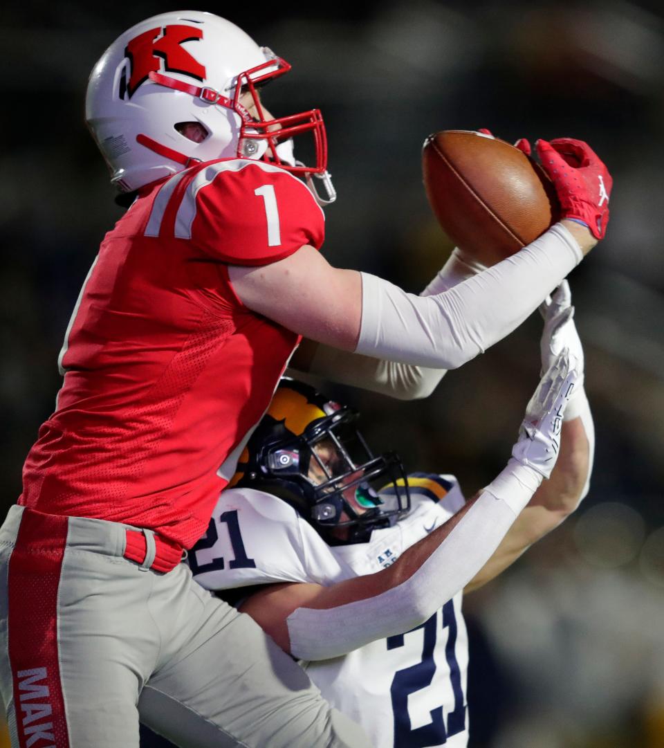 Kimberly's Bryson Vieth (1) scores a touchdown reception against Marquette University during their WIAA Division 1 state semifinal football game Nov. 10 in Sun Prairie.