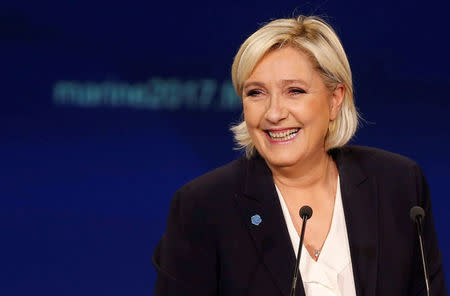 Marine Le Pen, French National Front (FN) political party leader and candidate for French 2017 presidential election, attends a political rally in Bordeaux, France, April 2, 2017. REUTERS/Regis Duvignau