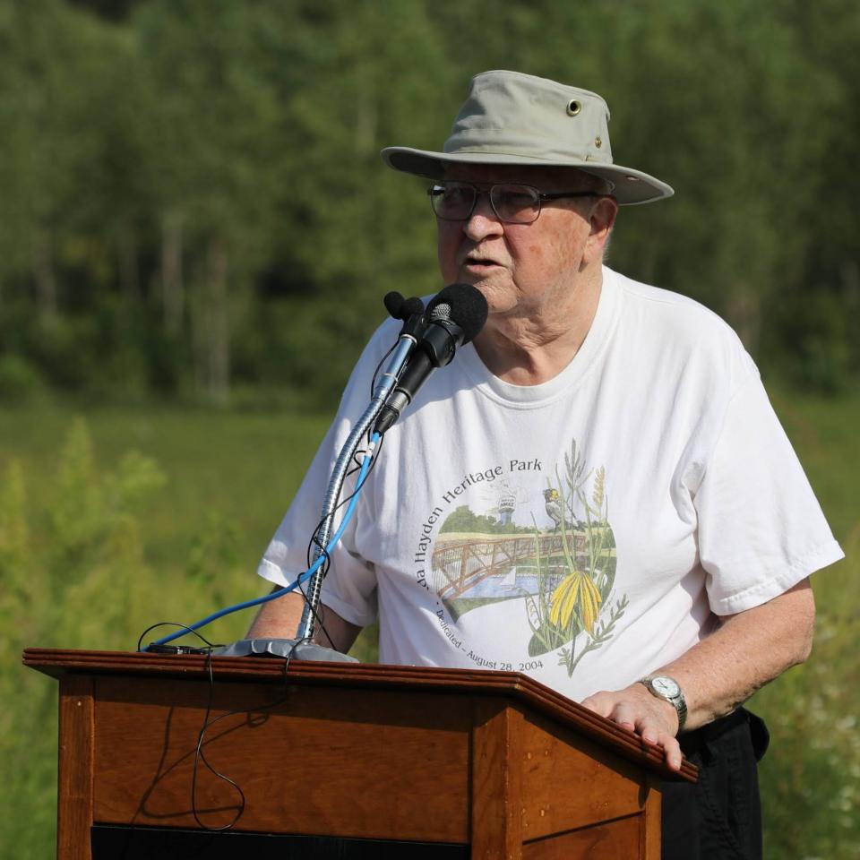 Erwin "Erv" Klass at the dedication of his stone along the upland trail at Ada Hayden Heritage Park. Taken Aug. 22, 2020.
