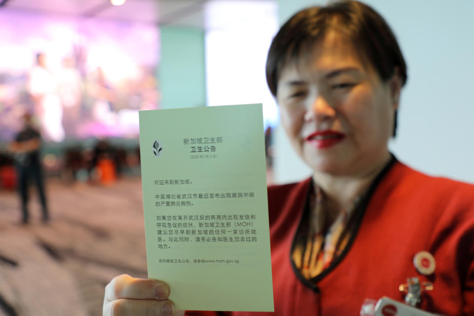 A health pamphlet given to travellers upon their arrival of a flight from Hangzhou, China at Changi Airport on 22 January, 2020. (PHOTO: Reuters)