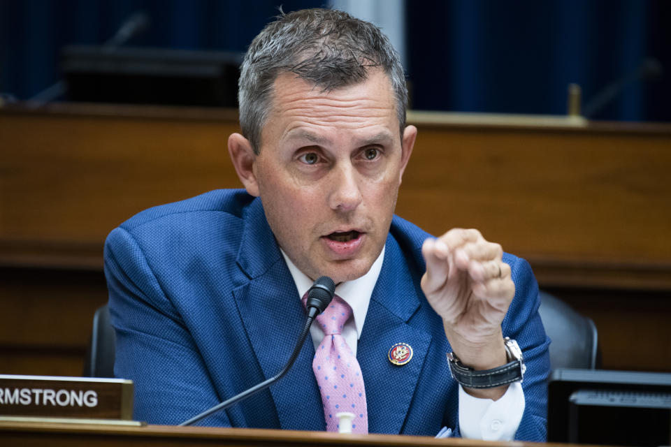 Rep. Kelly Armstrong, R-N.D., questions Postmaster General Louis DeJoy during a House Oversight and Reform Committee hearing on the Postal Service on Capitol Hill, Aug. 24, 2020, in Washington. When Cara Mund was competing to become Miss North Dakota, a key part of her platform was increasing the number of women elected to political office. After she went on to win Miss America, she traveled the country to encourage women to use their voice to make an impact. Now, the recent Harvard Law School graduate is taking on the job of candidate herself in a run for North Dakota's House seat as an independent. Mund is running against Armstrong. (Tom Williams/Pool via AP)