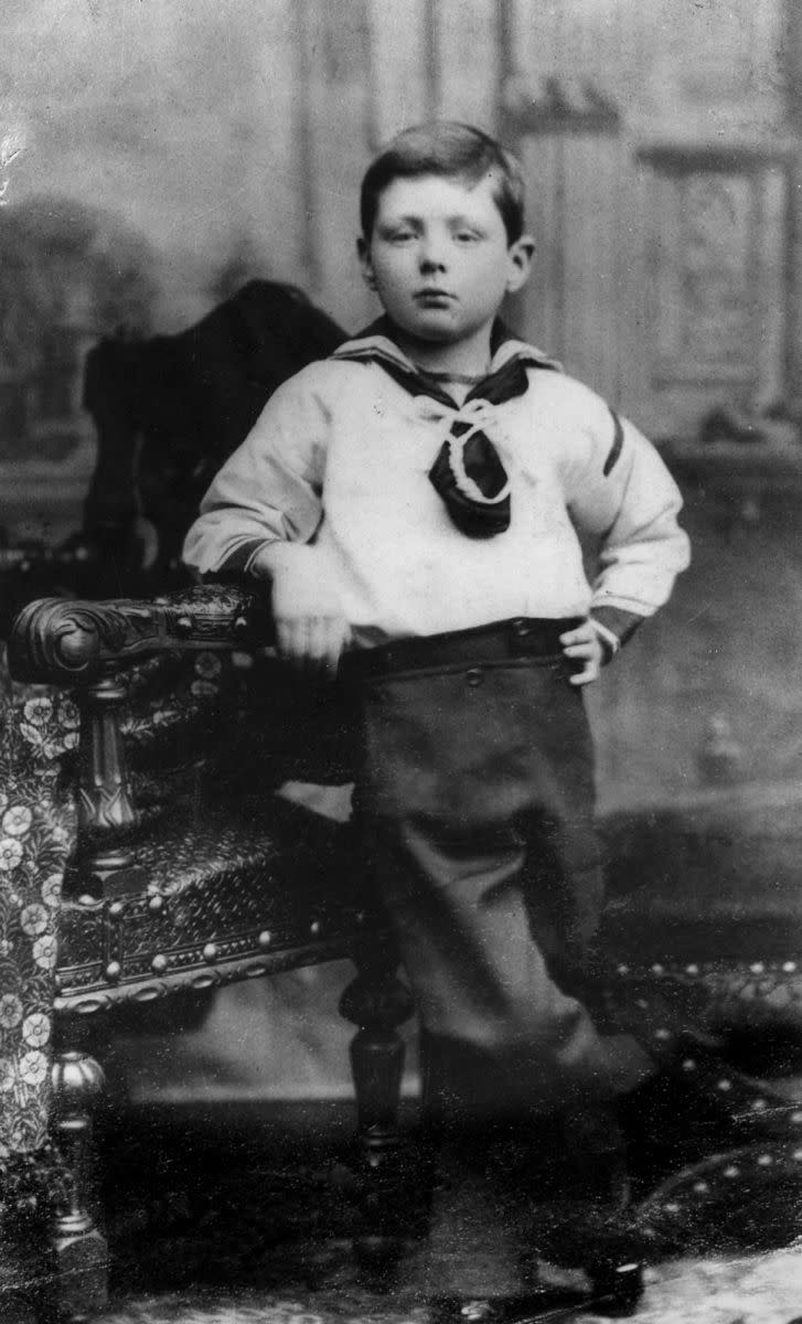 Here, Churchill is pictured in a portrait at the age of 7. He was born in November of 1874 into the aristocratic family of the Dukes of Marlborough as Winston Leonard Spencer-Churchill and was raised in Dublin, Ireland.