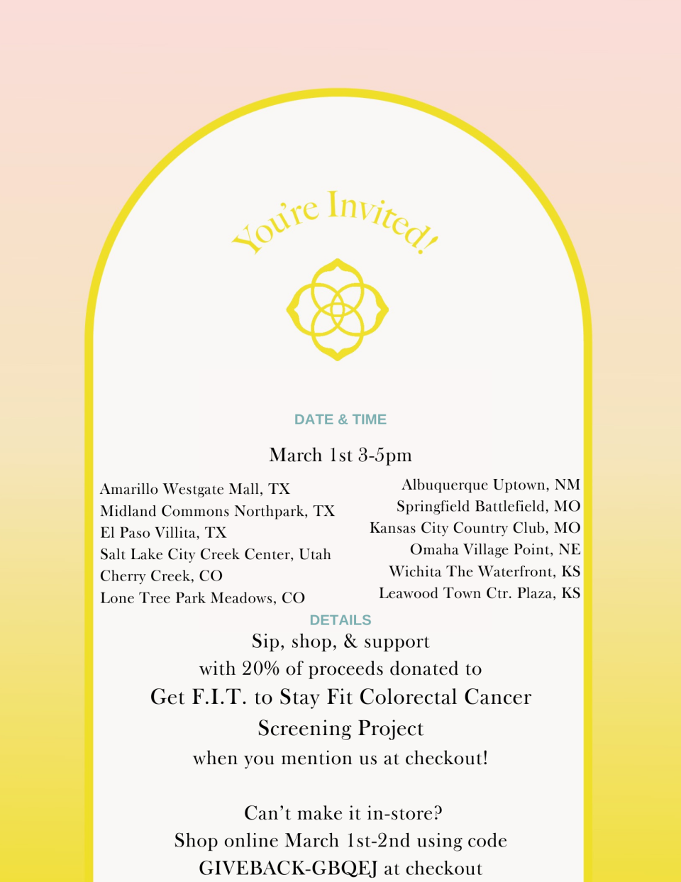 Get F.I.T to Stay Fit, a colorectal cancer screening program at Texas Tech Physicians Surgery, the clinical practice of Texas Tech University Health Sciences Center (TTUHSC) in Amarillo, will benefit from a Kendra Scott shopping event on Friday, with 20 percent of proceeds going toward the program.