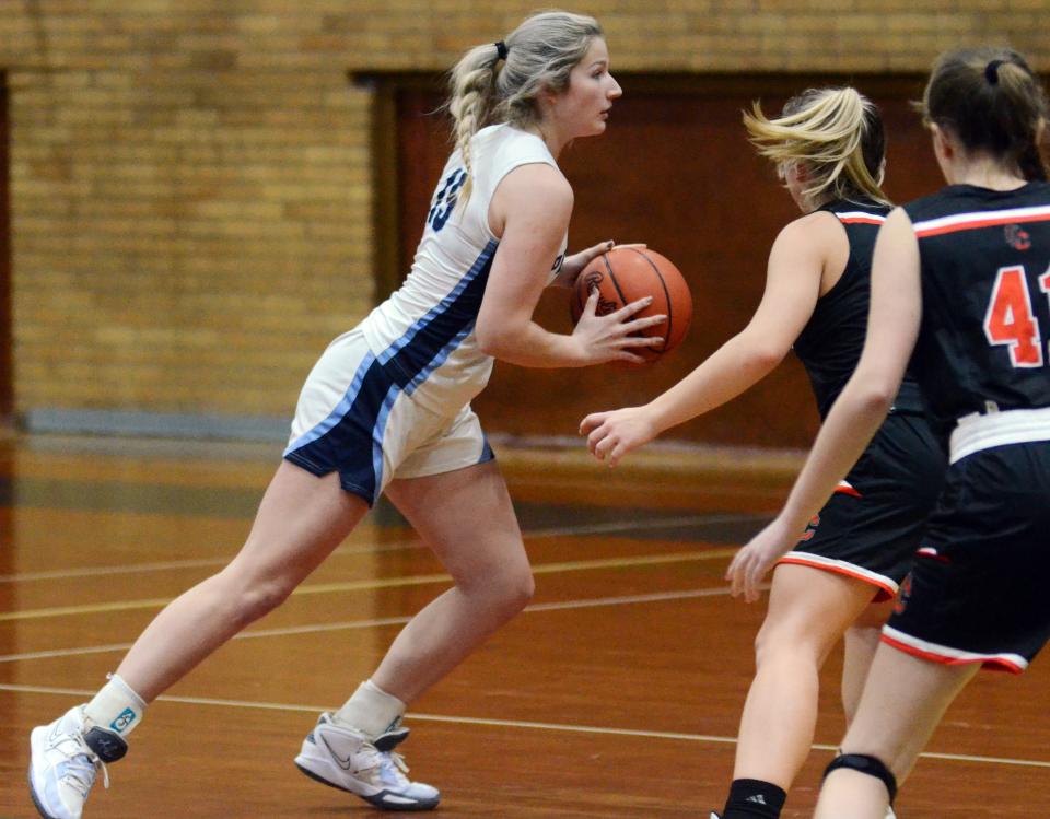 Petoskey's Sadie Corey works the ball around the perimeter against Cheboygan in the second half Wednesday.