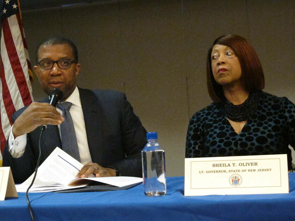 Jim Johnson, special counsel in the New Jersey governor's officer,left, and Democratic New Jersey Lt. Gov. Sheila Oliver, right, speak at an event in Atlantic City N.J. on Tuesday April 23, 2019, at which she said the state's takeover of Atlantic City will remain in place for the full five-year term envisioned by former Republican Gov. Chris Christie when it began in 2016. (Photo/Wayne Parry)