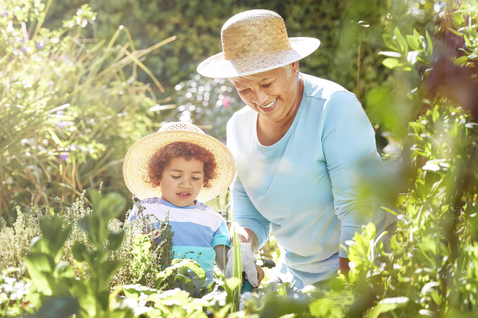 Older woman gardening with grandchild 