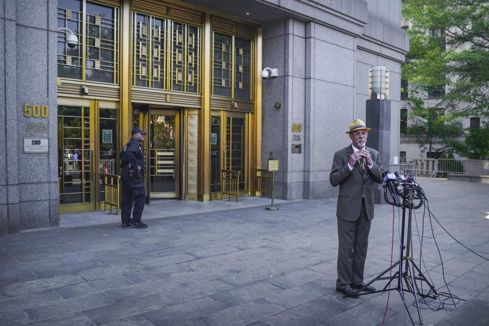 Jury foreman John Patrick speaks with media outside Manhattan federal court following the sentencing of convicted Islamic terrorist Sayfullo Saipov, Wednesday May 17, 2023, in New York. Saipov, 35, was given 10 life sentences and another 260 years in prison on Wednesday for killing eight people with a truck on a bike path in Manhattan and severely injuring 18 others in 2017. (AP Photo/Bebeto Matthews)