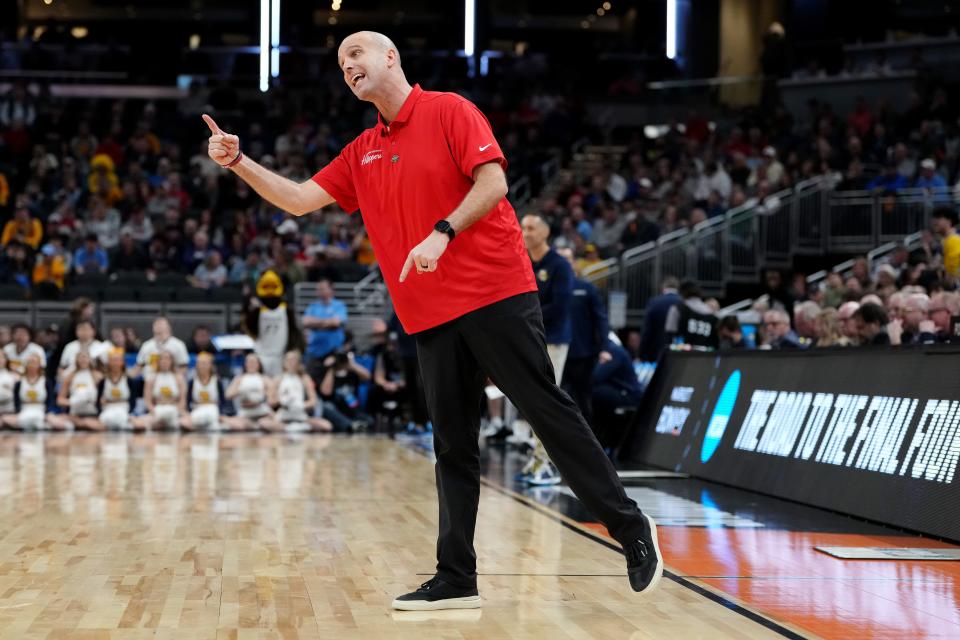 INDIANAPOLIS, INDIANA - MARCH 22: Head coach Steve Lutz of the Western Kentucky Hilltoppers reacts against the Marquette Golden Eagles during the first half in the first round of the NCAA Men's Basketball Tournament at Gainbridge Fieldhouse on March 22, 2024 in Indianapolis, Indiana. (Photo by Dylan Buell/Getty Images) ORG XMIT: 776103536 ORIG FILE ID: 2104759938