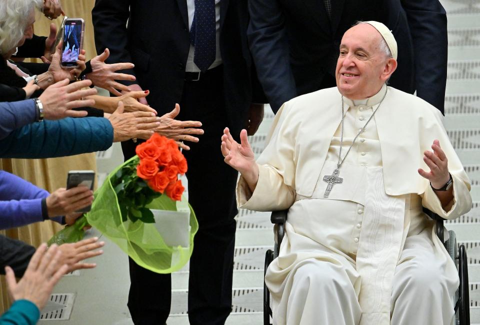 December 28, 2022: Pope Francis salutes the pilgrims during the weekly general audience in Paul VI hall at the Vatican on December 28, 2022. - Pope Francis said that the former pontiff, 95, whose health has steadily been deteriorating, is "very ill," and he is praying for him.