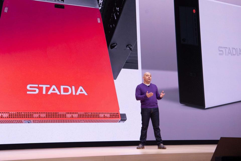 Google Vice President Majd Bakar speaks on-stage during the annual Game Developers Conference in San Francisco earlier this year: AFP/Getty Images