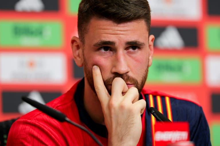 El guardameta Unai Simón durante una conferencia de prensa en el campo base de España en la Eurocopa-2024, el 17 de junio de 2024 en Donaueschingen, sur de Alemania (LLUIS GENE)