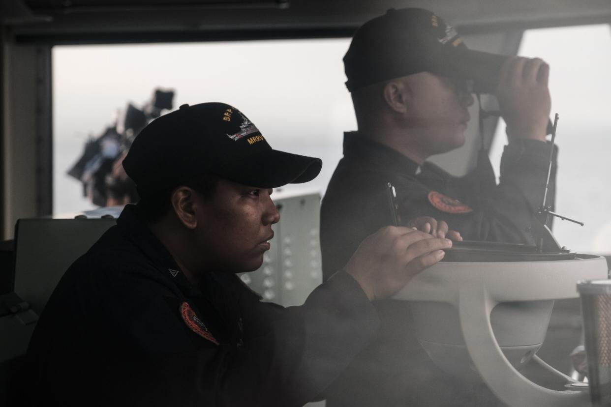 Members of the Philippine Coast Guard during a joint maritime exercise with Coast Guards from Japan and the US off the coast of Mariveles, Bataan, the Philippines, on Tuesday, June 6, 2023. The trilateral drills are taking place off Bataan province that faces the South China Sea from June 1 to 7, according to a Philippine Coast Guard statement, and the exercises include maritime law enforcement training and manoeuvring drills, it said. (Photo: Veejay Villafranca/Bloomberg)