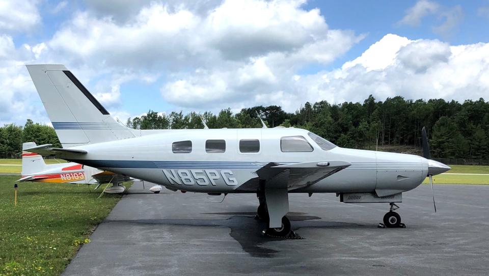 A photograph taken by Bob Parmerter, of Schenevus, shows a Piper Malibu single-engine aircraft sitting at the Albert S. Nader Regional Airport in Oneonta shortly before takeoff Sunday, June 30, 2024. The plane crashed near Sidney a short time later, killing all five people on board.