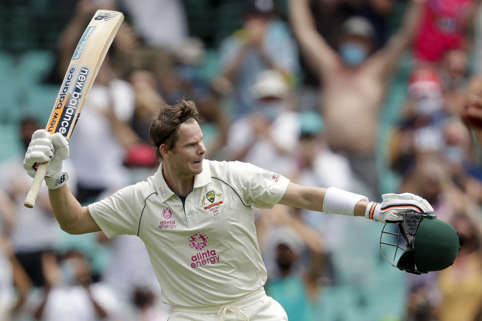 FILE - Australia's Steve Smith celebrates on reaching a century during play on day two of the third cricket test between India and Australia at the Sydney Cricket Ground, Sydney, Australia on Jan. 8, 2021. Smith was named as vice-captain of the Australian cricket team to new captain Pat Cummins Friday, Nov. 26, 2021. (AP Photo/Rick Rycroft, File)