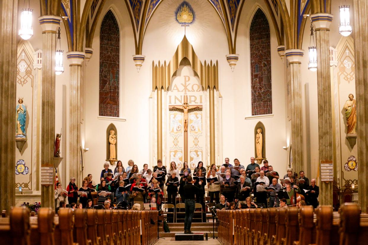 St. Boniface Church sanctuary, seen here in a Dec. 18, 2019, file photo, was closed to parishioners at the end of March because of problems discovered in the roof. Mass is behind held in the St. Boniface School gym.