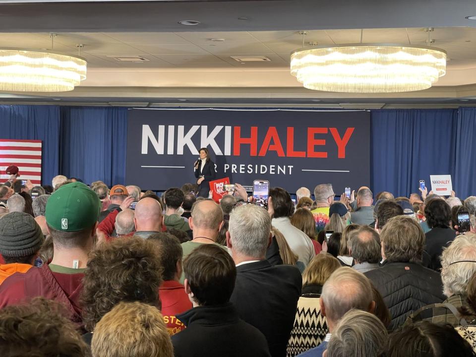 Republican presidential candidate Nikki Haley speaks at her campaign rally on Sunday, March 3, 2024, at the DoubleTree by Hilton Burlington hotel in South Burlington.