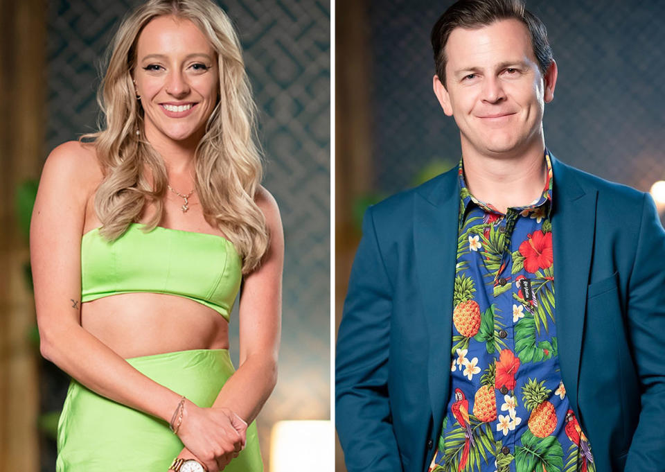 L: Lyndall Grace at a MAFS dinner party. R: Josh White at a MAFS dinner party