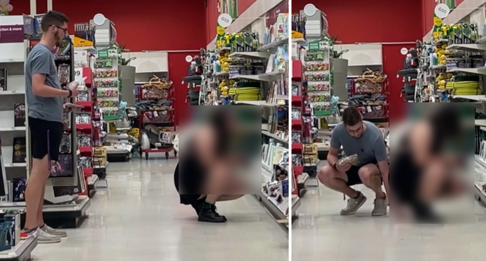 The Target shopper caught upskirting a woman while she crouches looking at items on a shelf in Greenville, South Carolina (right). Thomas Elliott is seen loitering behind the woman before crouching down (left). 