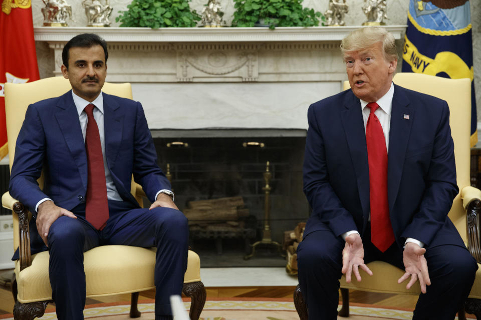 President Donald Trump speaks during a meeting with Qatar's Emir Sheikh Tamim Bin Hamad Al-Thani in the Oval Office of the White House, Tuesday, July 9, 2019, in Washington. (AP Photo/Evan Vucci)