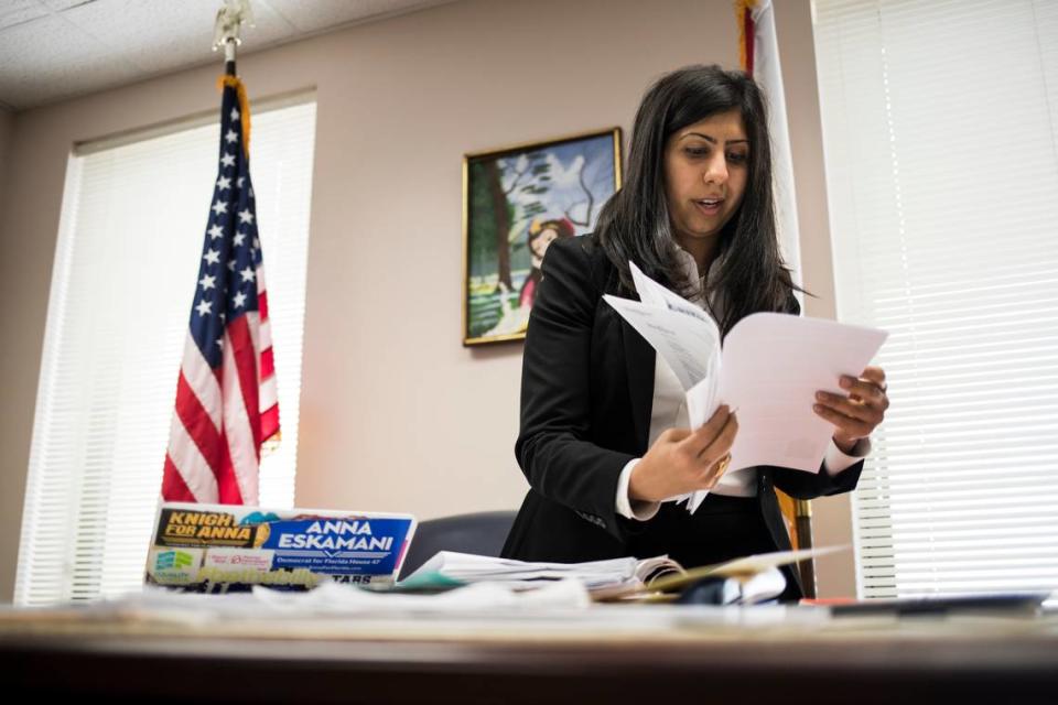 Rep. Anna Eskamani prepares for session in her office at the Florida State Capitol on April 3, 2019, in Tallahassee.