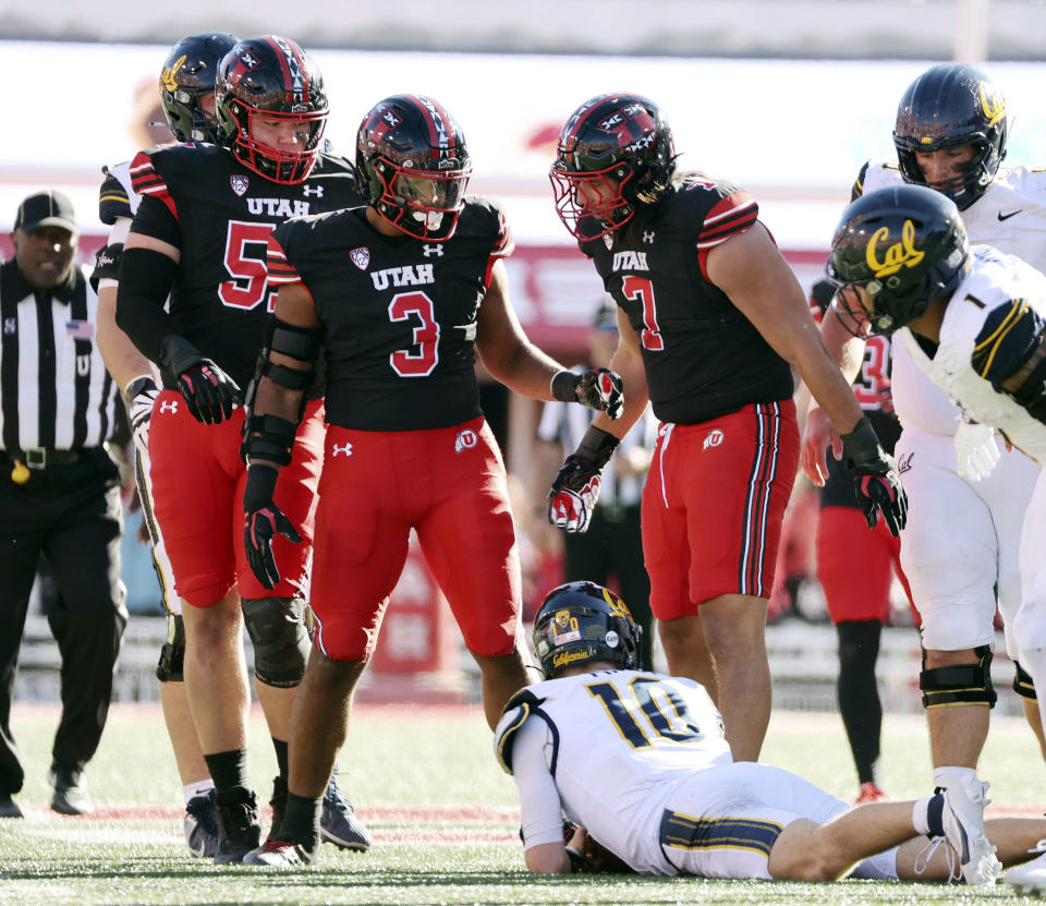 Utah defense sacks California quarterback Ben Finley (10) during an NCAA college football game in Salt Lake City, Saturday, Oct. 14, 2023. (Jeffrey D. Allred/The Deseret News via AP)